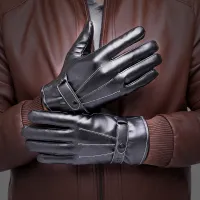 Men Winter Simple Stitching Design Solid Color PU Gloves