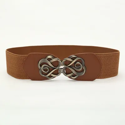 Women Vintage Rose Shaped Metal Buckle Design Solid Color Elastic Belt