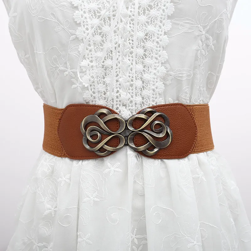 Women Vintage Rose Shaped Metal Buckle Design Solid Color Elastic Belt