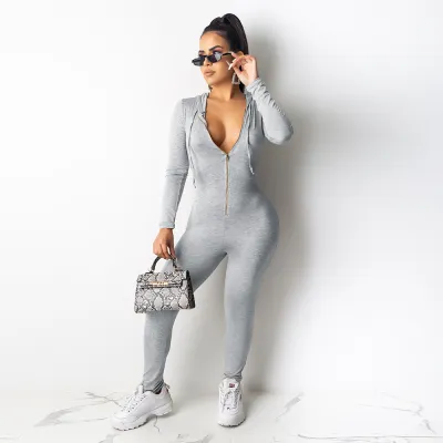 S-XXL Hooded Zipper Long-sleeve Slim Jumpsuits for Women