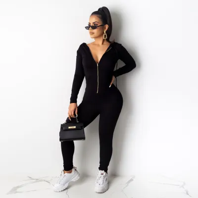 S-XXL Hooded Zipper Long-sleeve Slim Jumpsuits for Women