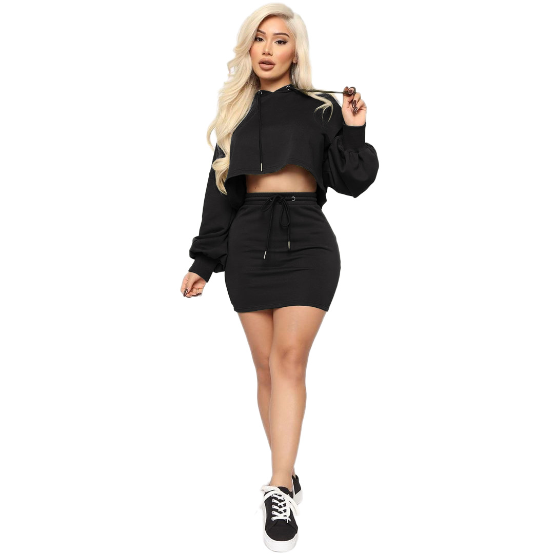 Wholesale S XL Hooded Long sleeve Solid Color Crop Top And Bodycon