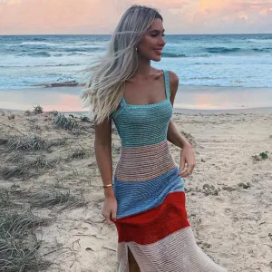 S-L Fashion Multicolor Stripe Sleeveless Side-slit Sling Knitted Dress