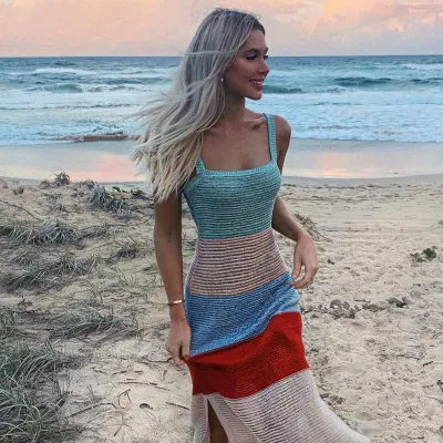 S-L Fashion Multicolor Stripe Sleeveless Side-slit Sling Knitted Dress