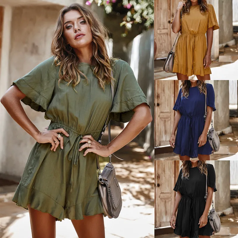 S-XL Round Neckline Short-sleeve Lace-up Solid Color Loose Rompers