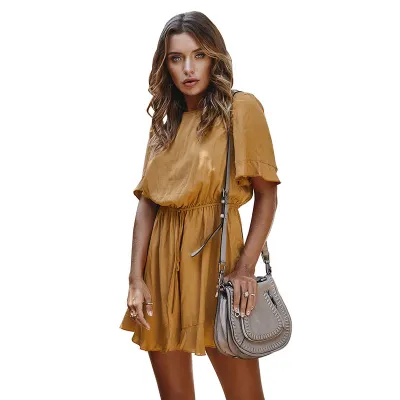 S-XL Round Neckline Short-sleeve Lace-up Solid Color Loose Rompers