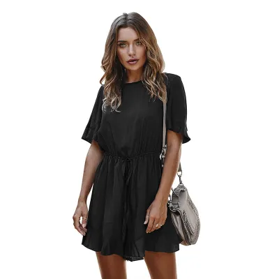S-XL Round Neckline Short-sleeve Lace-up Solid Color Loose Rompers