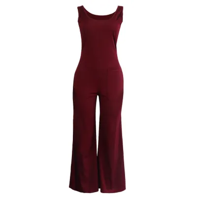 S-3XL Women Round Neck Sleeveless Solid Color Wide Leg Jumpsuits