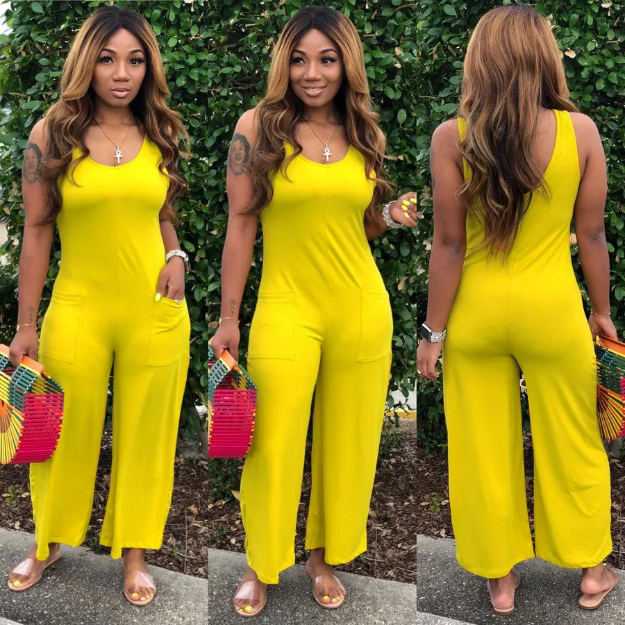 S-3XL Women Round Neck Sleeveless Solid Color Wide Leg Jumpsuits