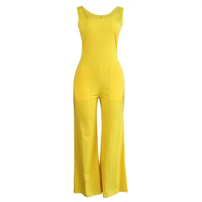 S-3XL Women Round Neck Sleeveless Solid Color Wide Leg Jumpsuits