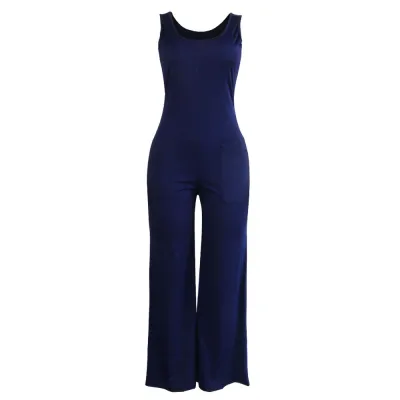 S-3XL Women Round Neck Sleeveless Solid Color Wide Leg Jumpsuits