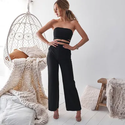 S-XL Strapless Sleeveless Hollow Solid Color Jumpsuits for Women