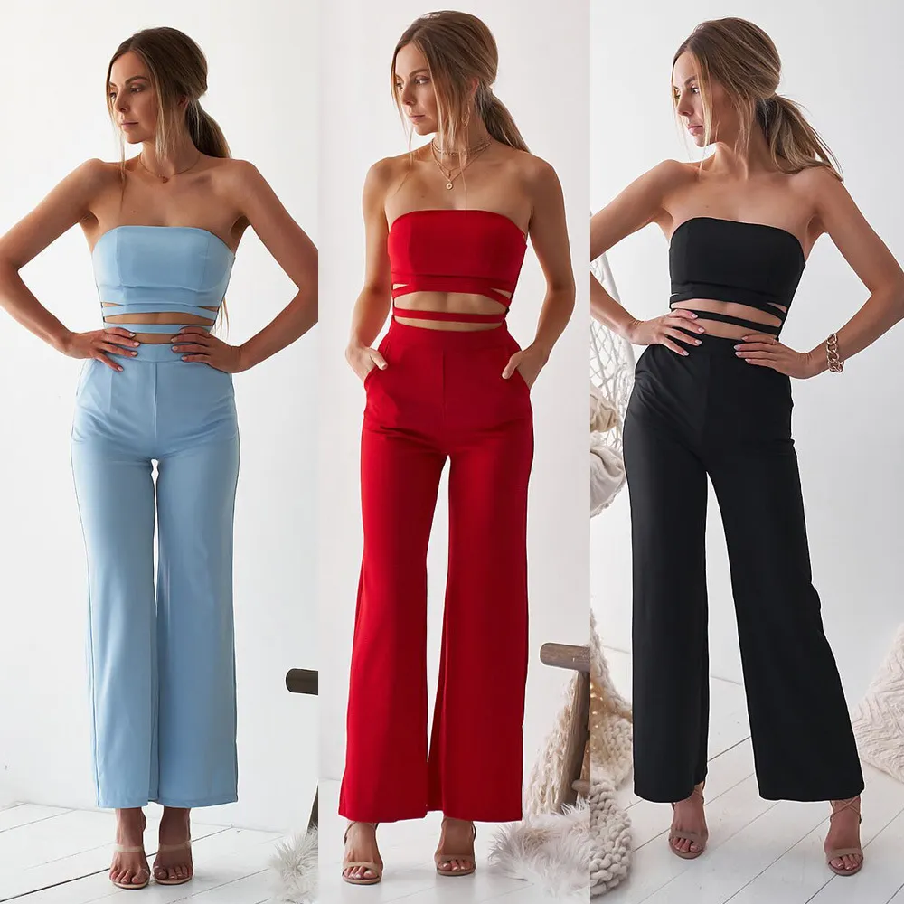 S-XL Strapless Sleeveless Hollow Solid Color Jumpsuits for Women