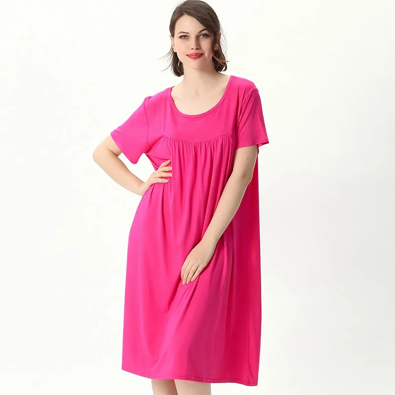 XXL-7XL Women Cotton Round Neck Short Sleeve Loose Nightdress Solid Color