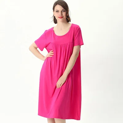 XXL-7XL Women Cotton Round Neck Short Sleeve Loose Nightdress Solid Color