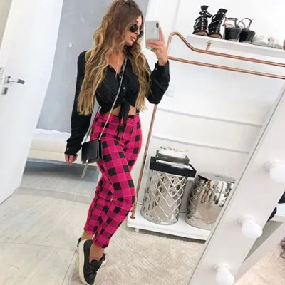 S-5XL Women Fashion Plaid Print Slim Pants
