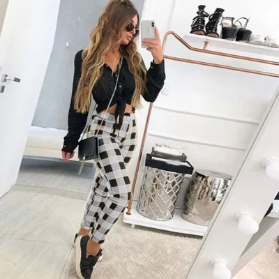 S-5XL Women Fashion Plaid Print Slim Pants