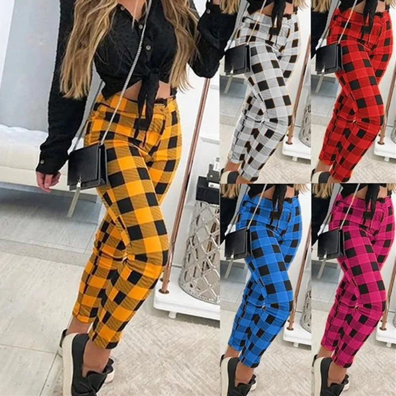 S-5XL Women Fashion Plaid Print Slim Pants