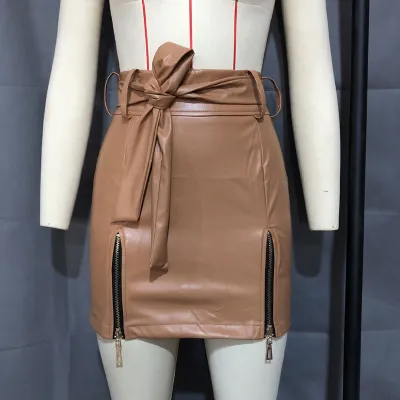 S-XXL Women Sexy PU Leather Zipper Design Sash Bodycon Skirts