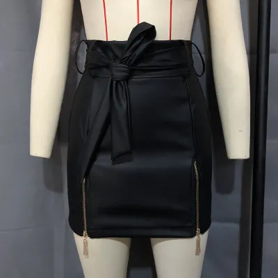 S-XXL Women Sexy PU Leather Zipper Design Sash Bodycon Skirts