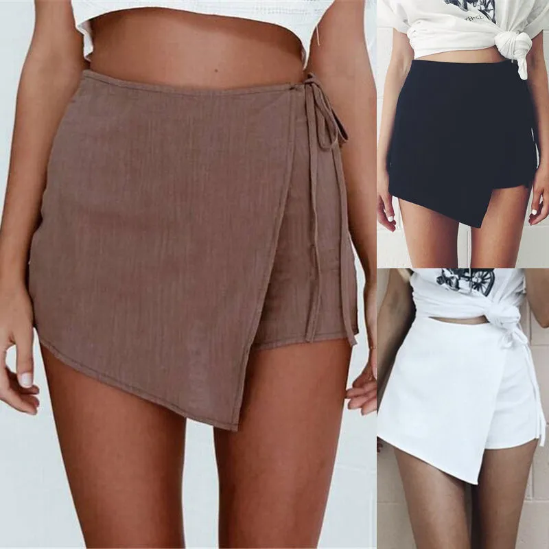 S-XL Women Fashion Solid Color Irregular Lace-up Shorts