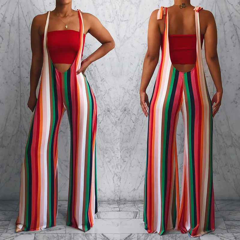 S-XXL Women Sexy Multicolor Stripe Sleeveless Lace-Up Sling Jumpsuits