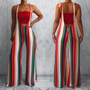 S-XXL Women Sexy Multicolor Stripe Sleeveless Lace-Up Sling Jumpsuits