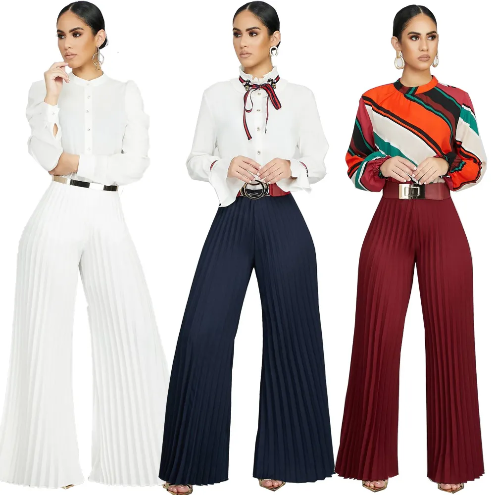 S-XL Women Solid Color Crease Wide Leg Trousers