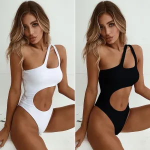 Blank S-L Sexy Hollow Solid Color One-Shoulder Bikini One-Piece Swimsuit