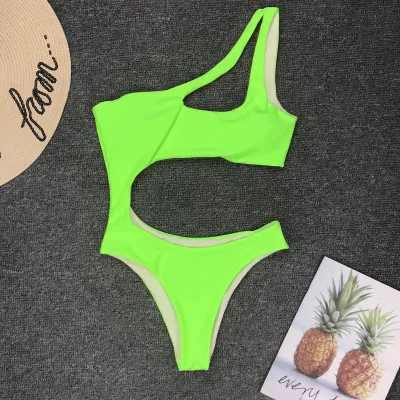 Blank S-L Sexy Hollow Solid Color One-Shoulder Bikini One-Piece Swimsuit