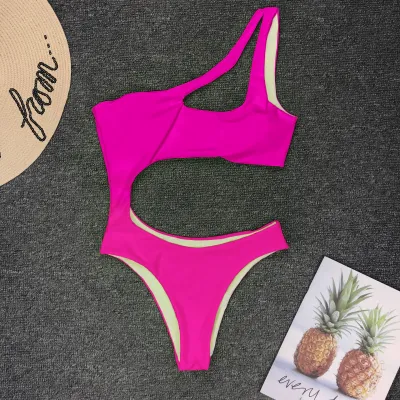 Blank S-L Sexy Hollow Solid Color One-Shoulder Bikini One-Piece Swimsuit