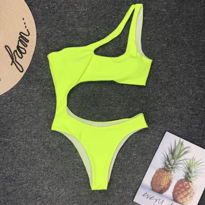 Blank S-L Sexy Hollow Solid Color One-Shoulder Bikini One-Piece Swimsuit
