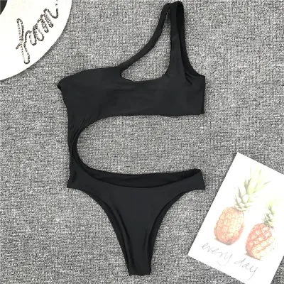 Blank S-L Sexy Hollow Solid Color One-Shoulder Bikini One-Piece Swimsuit