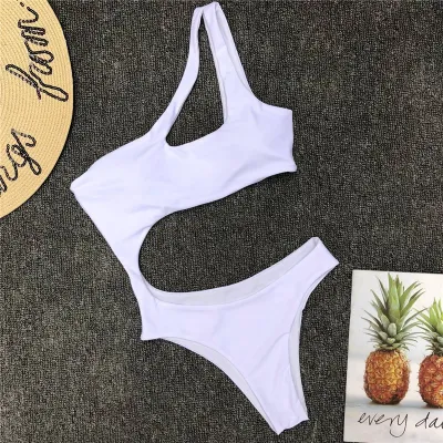 Blank S-L Sexy Hollow Solid Color One-Shoulder Bikini One-Piece Swimsuit