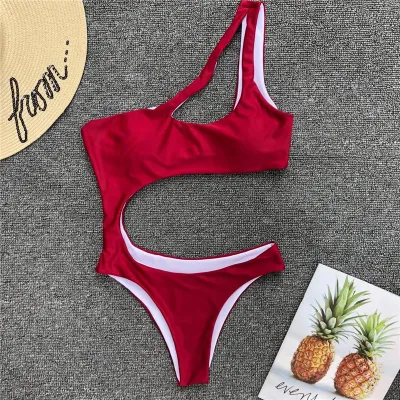 Blank S-L Sexy Hollow Solid Color One-Shoulder Bikini One-Piece Swimsuit