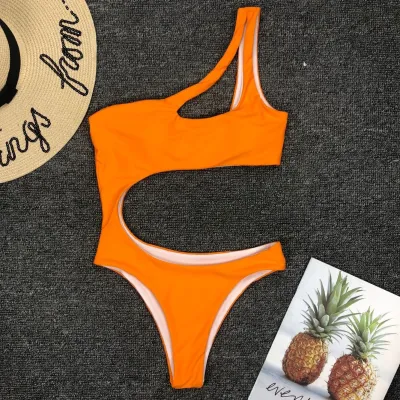 Blank S-L Sexy Hollow Solid Color One-Shoulder Bikini One-Piece Swimsuit