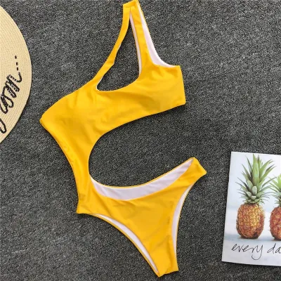 Blank S-L Sexy Hollow Solid Color One-Shoulder Bikini One-Piece Swimsuit