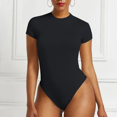 S-XXL Women Slim Fit Sexy Bodysuit Short Sleeve Round Neck Polyester Spandex Top