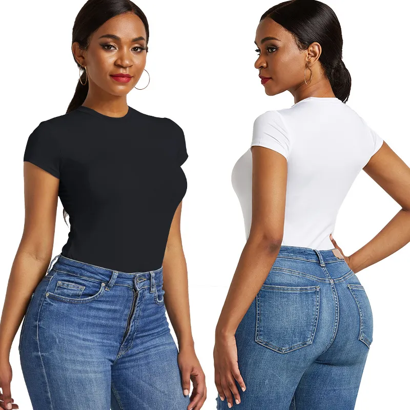 S-XXL Women Slim Fit Sexy Bodysuit Short Sleeve Round Neck Polyester Spandex Top