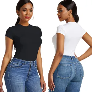 S-XXL Women Slim Fit Sexy Bodysuit Short Sleeve Round Neck Polyester Spandex Top