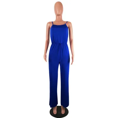 S-3XL Women Solid Color Drawstring Waist Loose Sling Jumpsuits