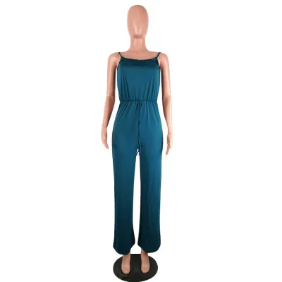 S-3XL Women Solid Color Drawstring Waist Loose Sling Jumpsuits