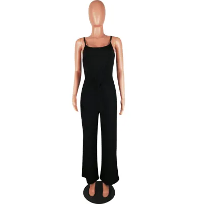 S-3XL Women Solid Color Drawstring Waist Loose Sling Jumpsuits