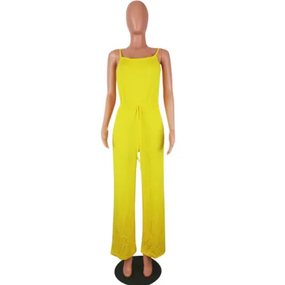 S-3XL Women Solid Color Drawstring Waist Loose Sling Jumpsuits