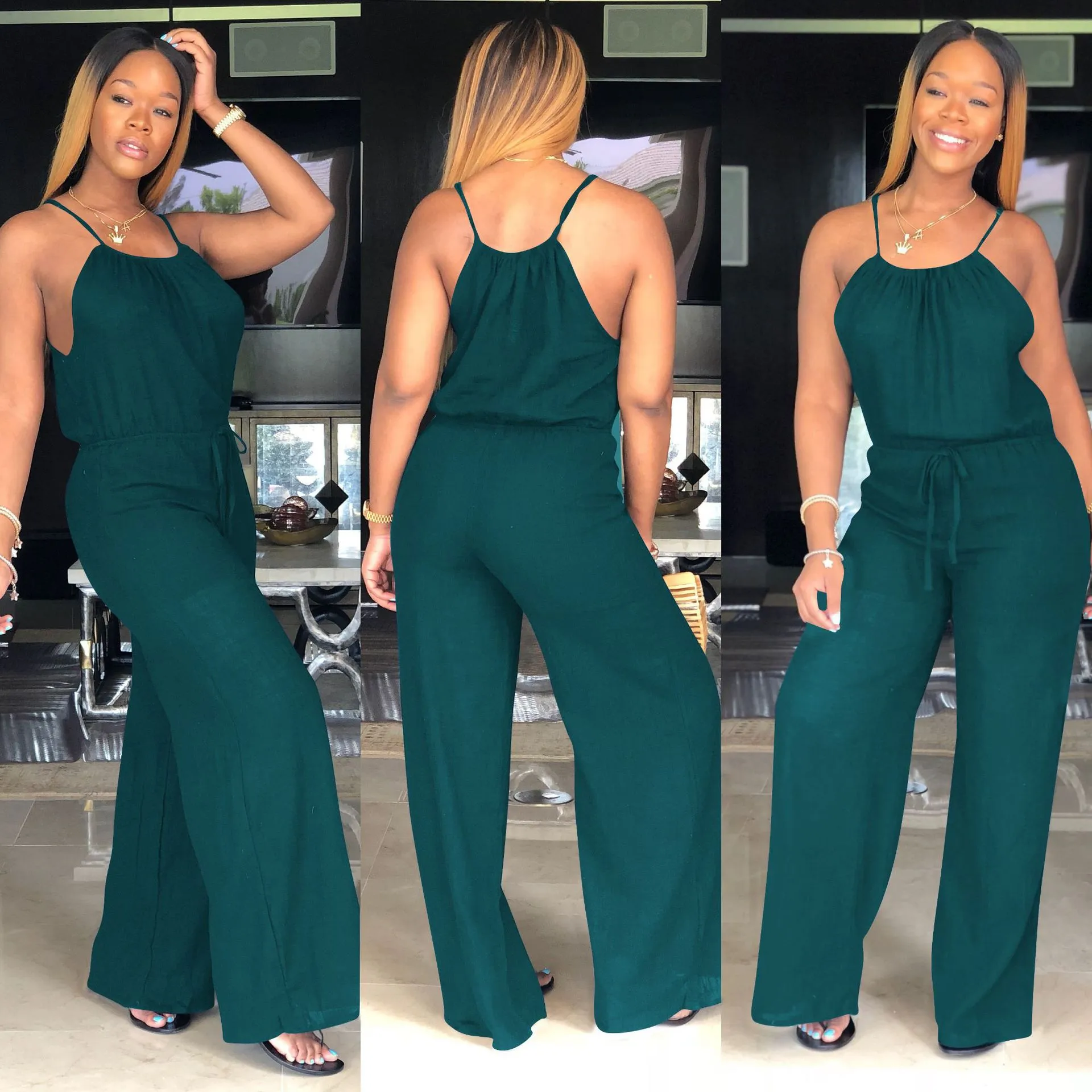 S-3XL Women Solid Color Drawstring Waist Loose Sling Jumpsuits