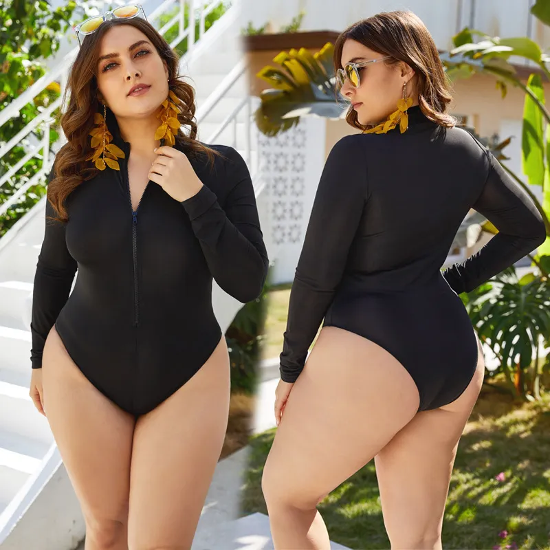 Wholesale XXL-5XL Women Solid Color Zipper Long-sleeve Plus Size One-piece  Swimwear