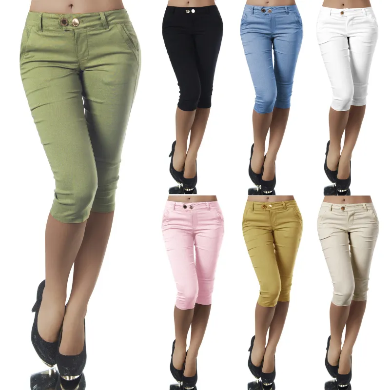 S-5XL Women Solid Color Slim Fit Cropped Trousers