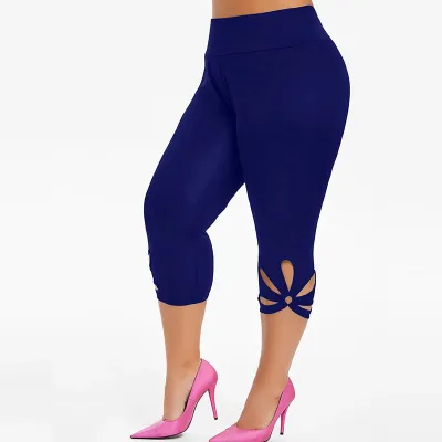 L-5XL Women Solid Color Hollow Plus Size Leggings