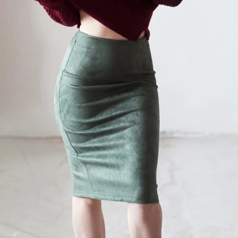 S-XL Women Solid Color Faux Suede Back Split Bodycon Skirt