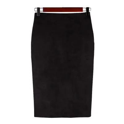 S-XL Women Solid Color Faux Suede Back Split Bodycon Skirt